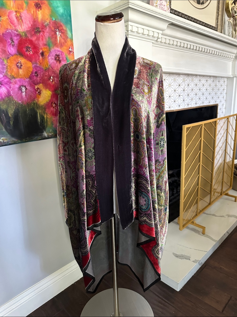 Johnny Was Velvet-Trim Paisley Wrap in Multicolor with Red Accents